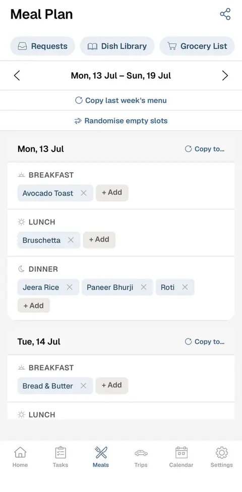 Nesta meal plan screen